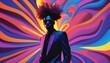 Eccentric man with an abstract vibrant background of swirling neon colors. Eighties, seventies party disco style.