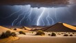 Multiple lightning bolts striking down over a desert landscape with dark storm clouds looming above
