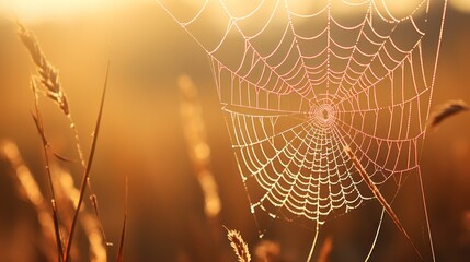 Poster -  a close up of a spider web in a field of grass with the sun shining through the spider's web.