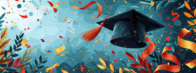 Poster - Graduation cap flying amongst a whirl of colorful leaves and confetti, embodying the spirit of graduation.
