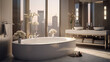 cuarto de baño moderno en tonos blancos y beige decorado con bañera, lavabo y gran ventanal con vistas a los rascacielos de la ciudad