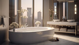 Fototapeta Nowy Jork - cuarto de baño moderno en tonos blancos y beige decorado con bañera, lavabo y gran ventanal con vistas a los rascacielos de la ciudad