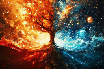 Wall Mural - an image capturing a lone tree reaching upward against a turbulent sky of dark clouds, symbolizing t