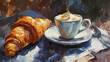 Cup of Cappuccino and croissant oil paint drawing. French breakfast illustration. Coffee in a painting in the Impressionist style. Canvas texture with big brush strokes. Hot drink with sweet baking.