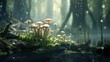  a group of mushrooms sitting on top of a lush green forest covered in raindrops on top of a moss covered forest floor.