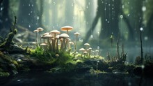  A Group Of Mushrooms Sitting On Top Of A Lush Green Forest Covered In Raindrops On Top Of A Moss Covered Forest Floor.