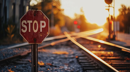 A stop sign at a railroad crossing with train tracks in the background, signboard, blurred background, with copy space