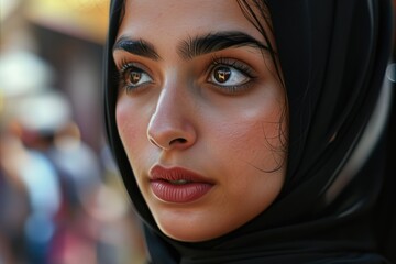 Beautiful Muslim girl from the east, Arab young woman in a headscarf, hijab, close-up portrait of beautiful eyes, freckles Palestine, Oman, Morocco