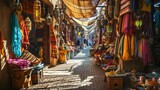 Fototapeta  - A traditional Arabian souk with colorful textiles, spices, lanterns, and bustling local merchants