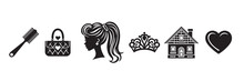 Girl And Accessories Icon Set. Vector Illustration
