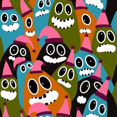 Christmas cartoon doodle seamless monster pattern for wrapping paper and fabrics and linens and kids