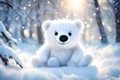 snowing winter, super cute baby pixar style white fairy bear, shiny snow-white fluffy, big bright eyes, wearing a woolly