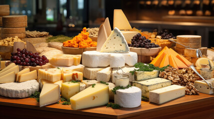 Wall Mural - showcase with different cheeses, Maasdam, Camembert, Parmesan, ricotta, Brie, Dor Blue, Gouda, Feta, Swiss, shop, restaurant, cheese factory, cheddar, dairy products