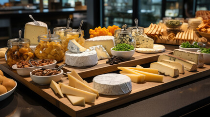 Wall Mural - showcase with different cheeses, Maasdam, Camembert, Parmesan, ricotta, Brie, Dor Blue, Gouda, Feta, Swiss, shop, restaurant, cheese factory, cheddar, dairy products