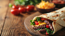 Steak And Cheese Wrap With The Vegetables And Herbs