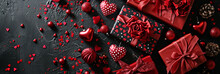Valentine's Day Flat Lay Theme With Gift Boxes And Hearts On A Black Background