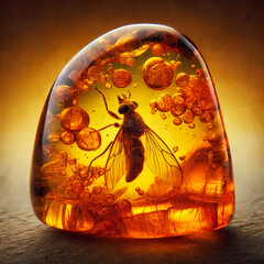 Amber Fossil With Insect: A detailed ancient amber piece holding a bee, emphasizing themes of archaeology and the beauty of natural preservation