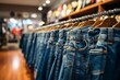 Shopping scene Denim pants display on clothing rack in store