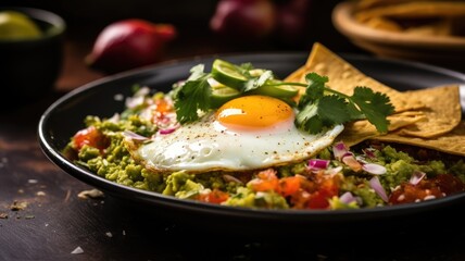 Wall Mural - Sunny-side-up egg on guacamole with tortilla chips