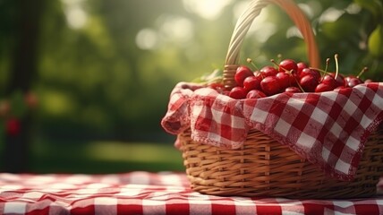 Wall Mural - Basket of fresh cherries on a red and white picnic cloth