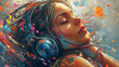 Young Girl Listens to Music as She Thinks About The One She Love. Music Lover. Falling In Love. Headphones. Colorful Painting Of Listening to Music with Headphones 