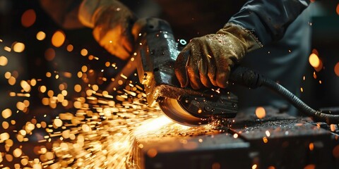 Industrial Worker Cutting Metal with Grinder in Workshop. Generative ai