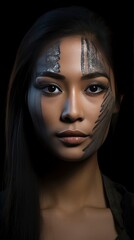 a young indonesian woman, taken with canon eos 5d, in professional makeup, high contrast, beautiful facial sculpt, beautiful bone structure with generative ai