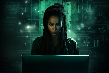 A woman with a green high tech background. 