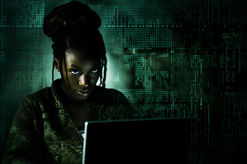A woman with a green high tech background. 