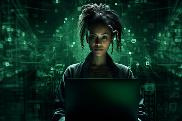 A woman with a green high tech background. 