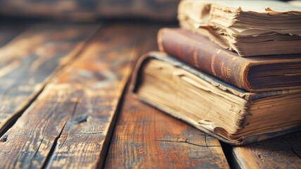 Wall Mural - Stack of old, worn books on a rustic wooden table