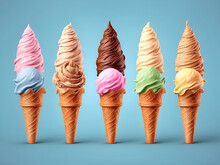 Illustration Of Ice Cream Cones Next To Each Other With Different Flavors. Banner Or Ad.