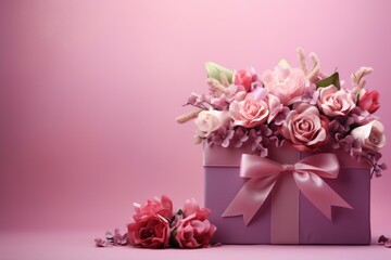 Wall Mural - Gift box with beautiful bouquet of flowers on a pink background. Minimalistic greeting card for birthday, wedding, mother's, woman or Valentine day. Holiday banner with copy space