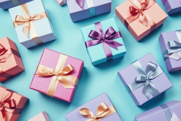 Wall Mural - Fashion gifts or presents boxes with ribbon bow on blue background. Shopping, sale and discount concept. Valentine or woman day, birthday, Christmas or wedding card, banner, flyer. Flat lay, top view