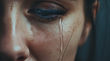 Sticker - Woman sad and crying with tears in her eyes due to distress - concept of family violence, sadness, stress, etc.