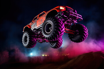 Wall Mural - Neon-Lit Monster Truck Mid-Air at Night Show