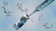 3D rendering of penicillin G or Benzilpenisilin molecules with medical syringe and injectable drug