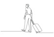 © berkahlineart - One line drawing travel man. Person with suitcase walking