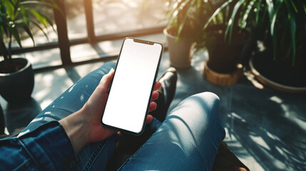 Smartphone with White ad screen mock up for product advertisement. Created using generative AI.