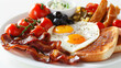 Front view fragrant full english breakfast with plain white background and warm light for advertise and presentation. Created using generative AI.