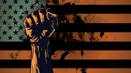 closeup on the fist of a black man raised, USA flag with black bars or stripes and stars flag grunge style background, Martin Luther king’s day, Juneteenth or black history month concept