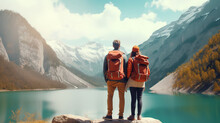 Rear View Of Couple Standing Near Lake Against Mountain