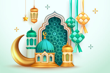 Wall Mural - 3d illustration mosque, crescent, ketupat, dome arch arabesque decorations vector