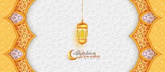 Wall Mural - Arabic Islamic Golden Ornamental Background with Lantern Ramadan Mubarak decorative Islamic Pattern