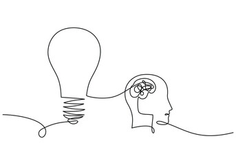 Wall Mural - One line art drawing. Brain in head with light bulb