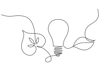 Wall Mural - Continuous line drawing. Light bulb with leaf. Concept of sustainable power