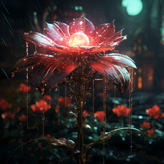 Canvas Print - Raindrops falling on a flower with metallic petals in a cyberpunk garden.