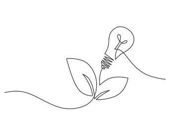Wall Mural - Continuous line drawing. Light bulb with leaf. Concept of sustainable power