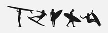 Silhouette Of Several Surfer Isolated On White Background. Different Action, Pose. Sport, Surfing, Hobby, Summer Theme. Vector Illustration.