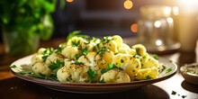 A Plate Of Steamed Cauliflower Florets, Perfectly Cooked And Garnished With A Sprinkle Of Herbs, Backlight Photography, Impressionism